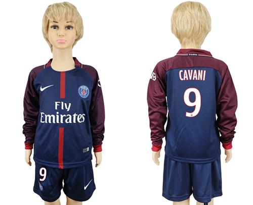 Paris Saint-Germain #9 Cavani Home Long Sleeves Kid Soccer Club Jersey